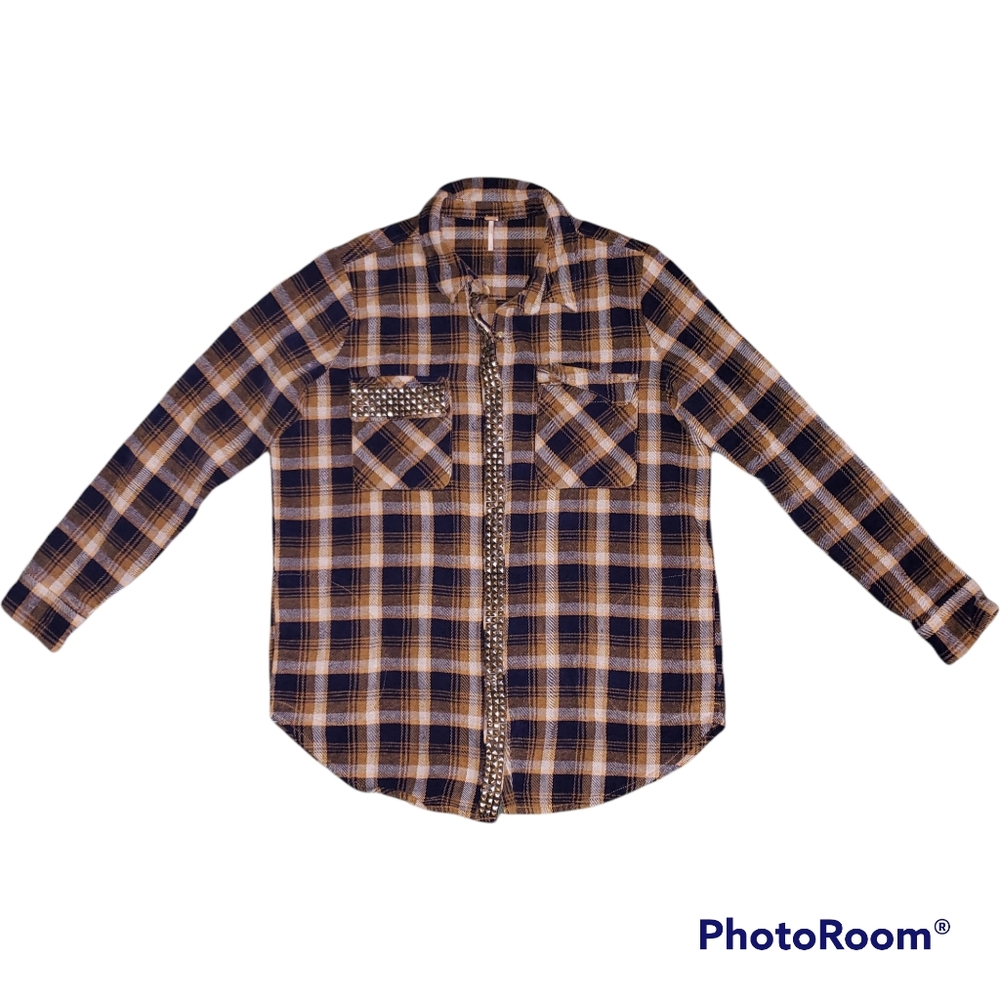 Free People Plaid Shirt Jacket With Studs Size L